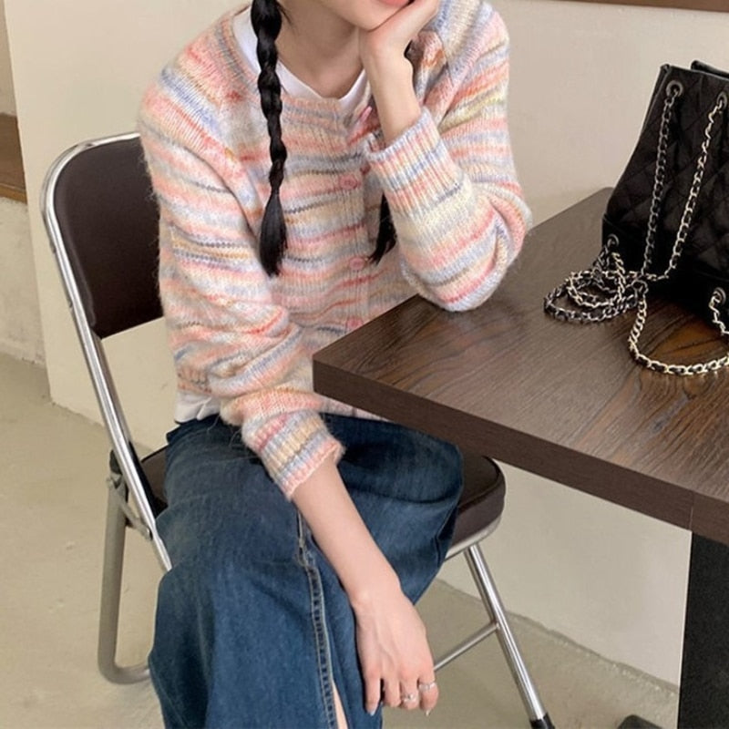 2023 Autumn and Winter Round Neck Knitted Sweater for Women with Gradient Rainbow Color