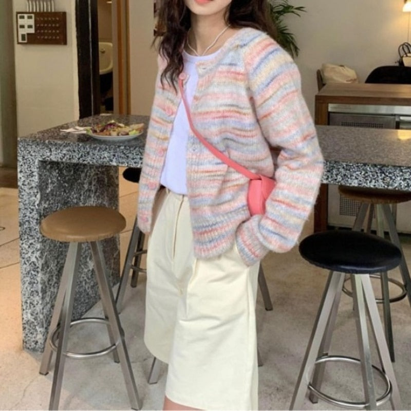 2023 Autumn and Winter Round Neck Knitted Sweater for Women with Gradient Rainbow Color