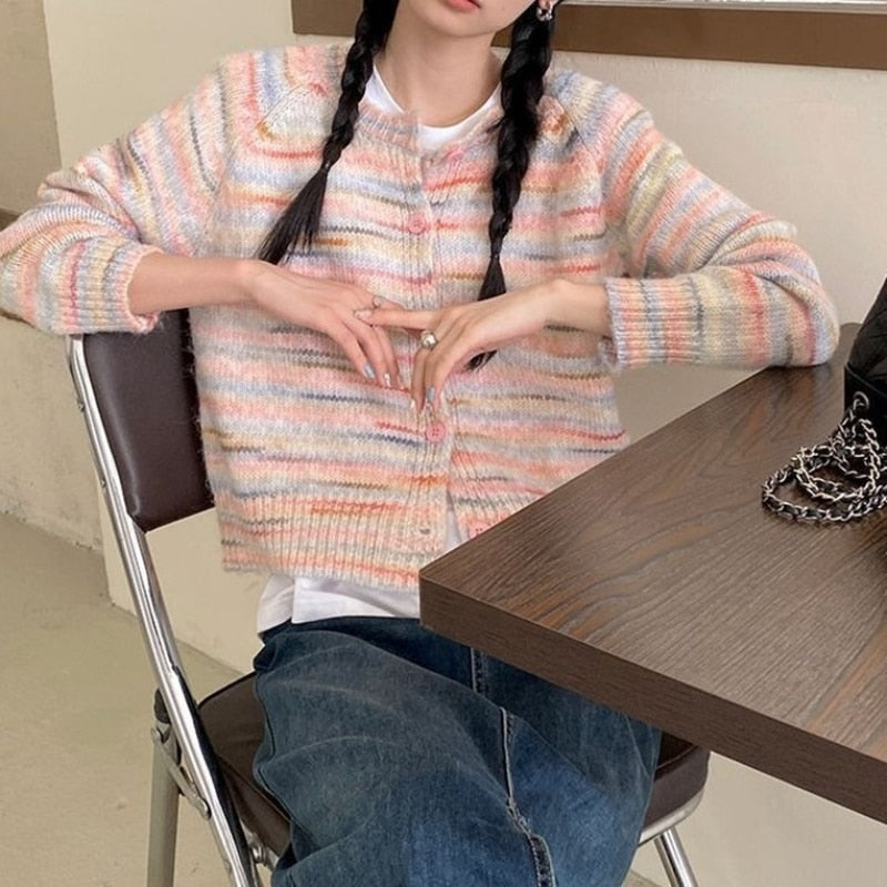 2023 Autumn and Winter Round Neck Knitted Sweater for Women with Gradient Rainbow Color