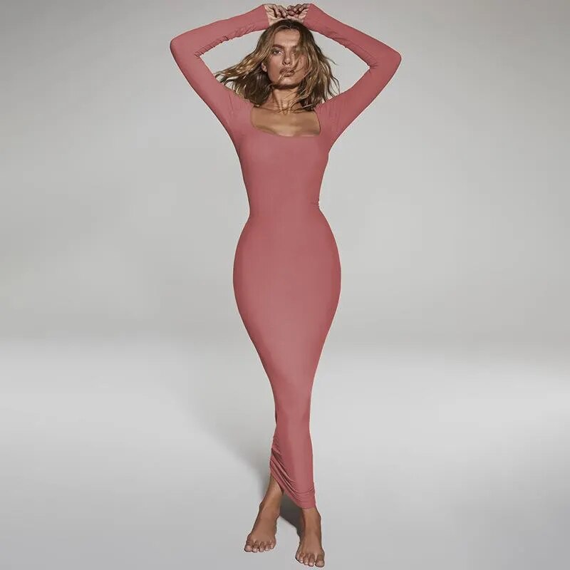 2023 New Autumn Solid Color Long-sleeved Square Collar Dress