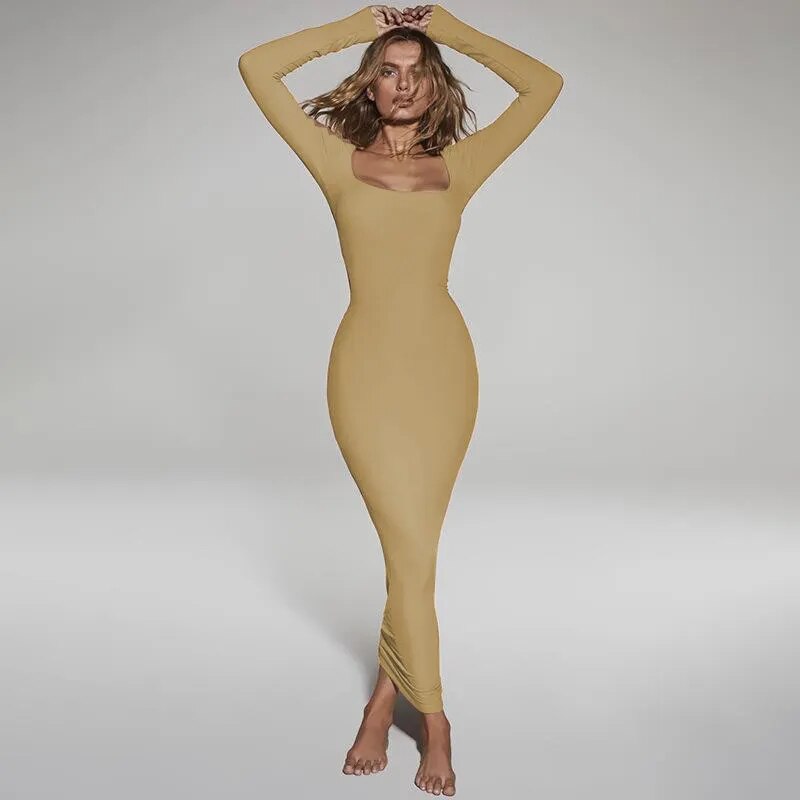 2023 New Autumn Solid Color Long-sleeved Square Collar Dress