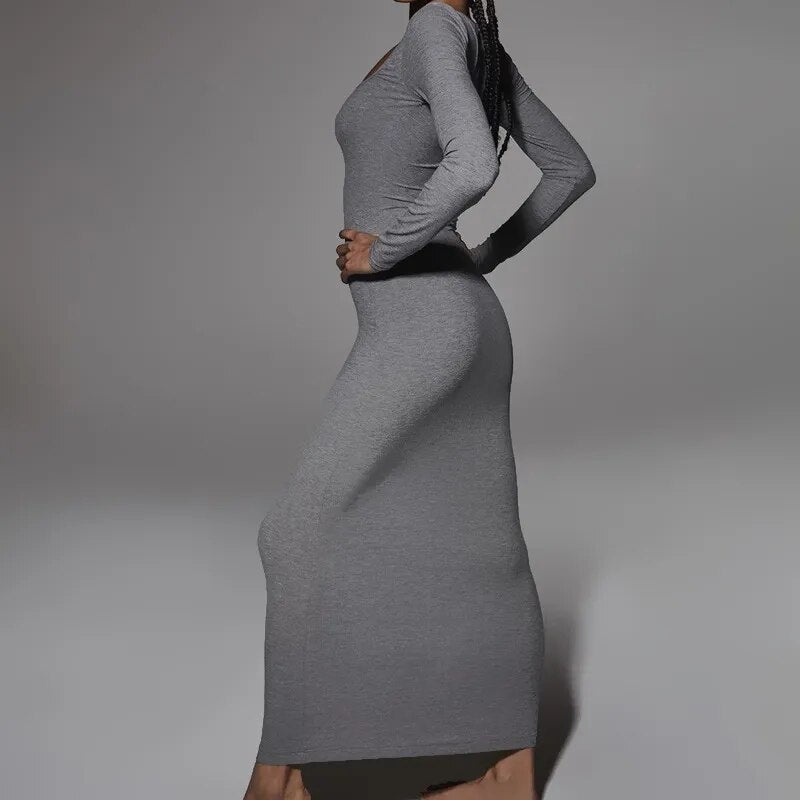 2023 New Autumn Solid Color Long-sleeved Square Collar Dress