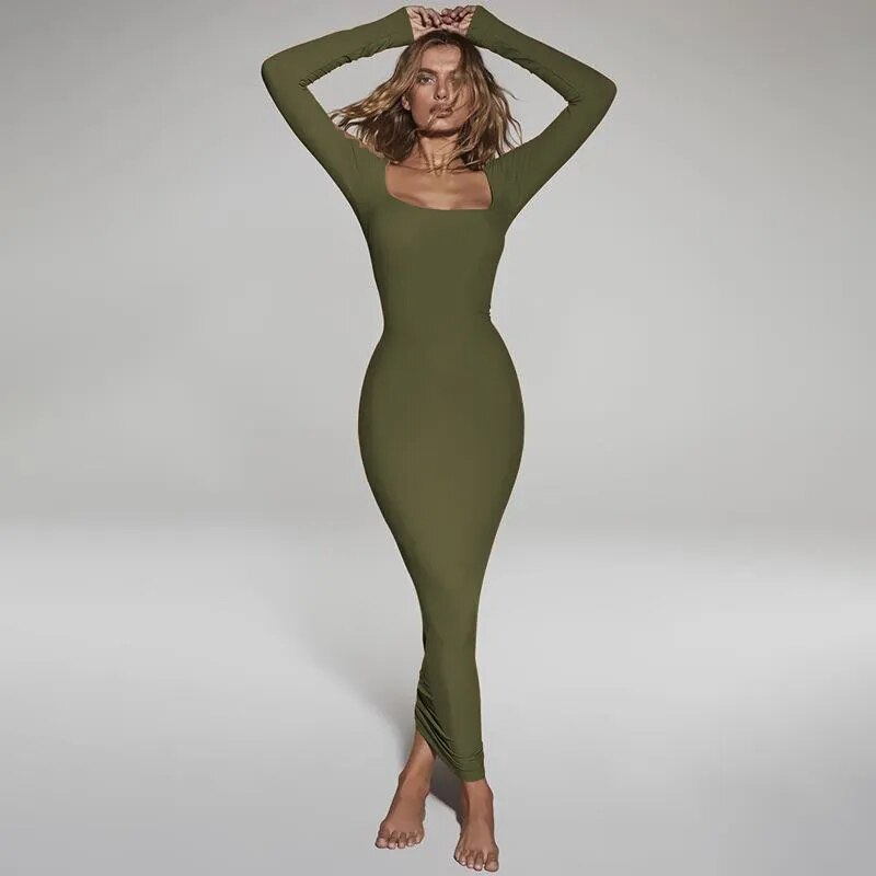 2023 New Autumn Solid Color Long-sleeved Square Collar Dress