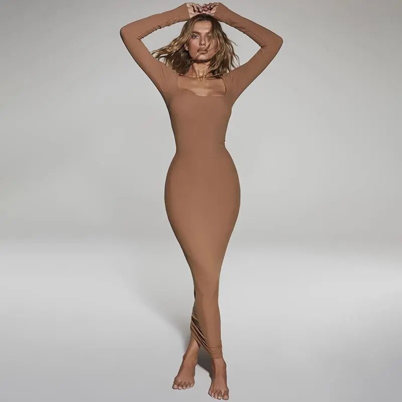 2023 New Autumn Solid Color Long-sleeved Square Collar Dress
