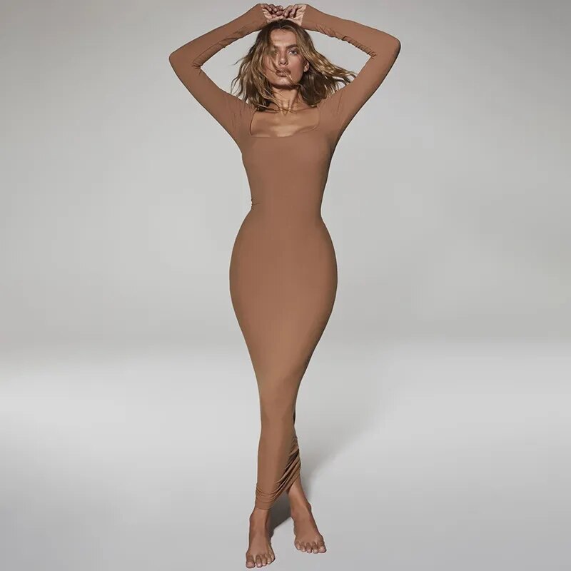 2023 New Autumn Solid Color Long-sleeved Square Collar Dress