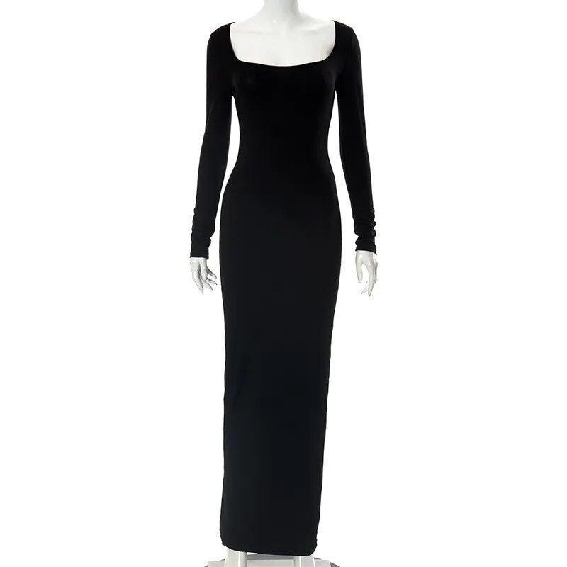 2023 New Autumn Solid Color Long-sleeved Square Collar Dress