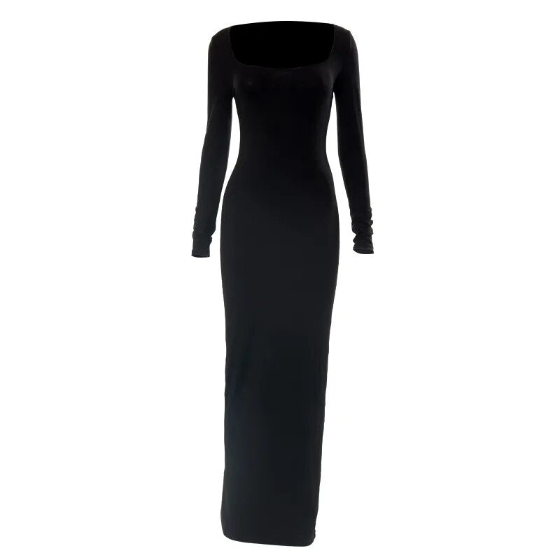 2023 New Autumn Solid Color Long-sleeved Square Collar Dress
