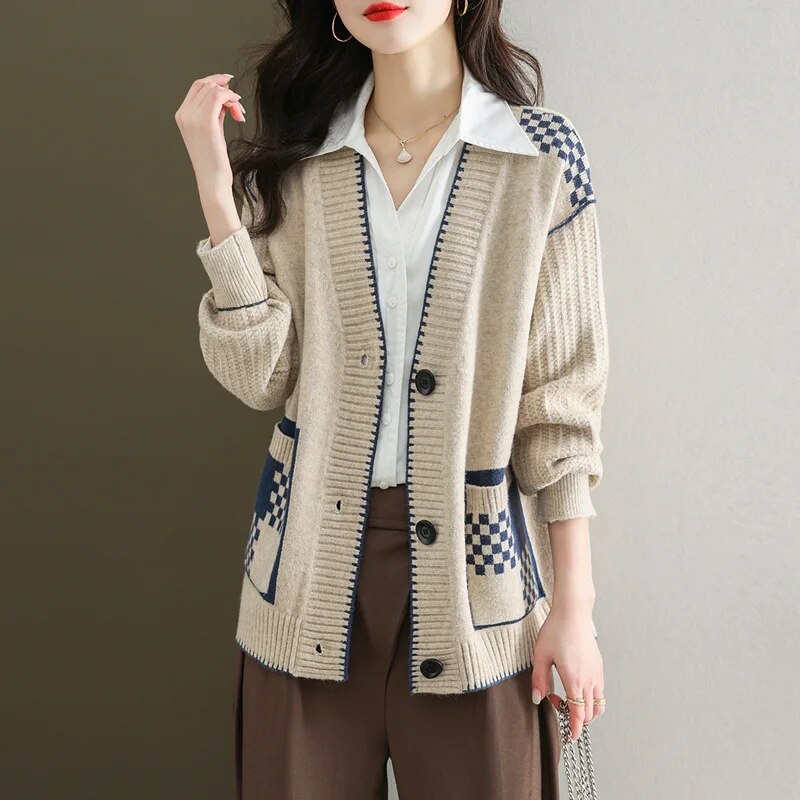 2023 Niche Print Casual Joker Long Sweater Knit Cardigan with Pocktets