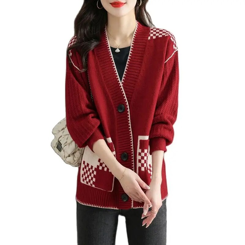 2023 Niche Print Casual Joker Long Sweater Knit Cardigan with Pocktets