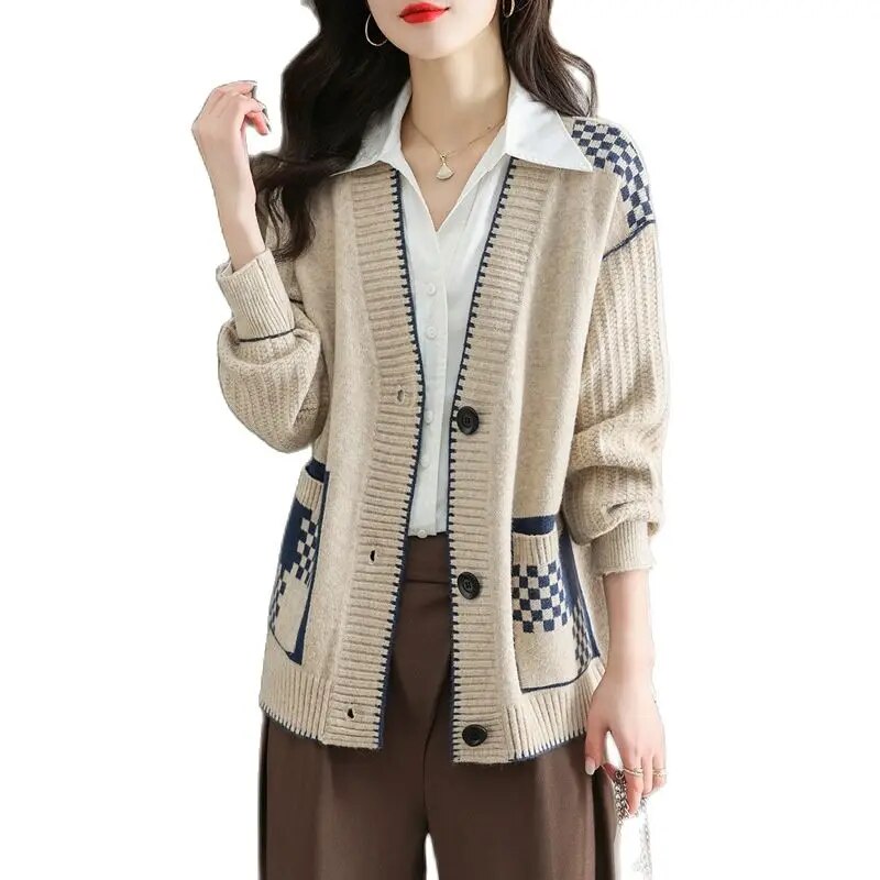 2023 Niche Print Casual Joker Long Sweater Knit Cardigan with Pocktets