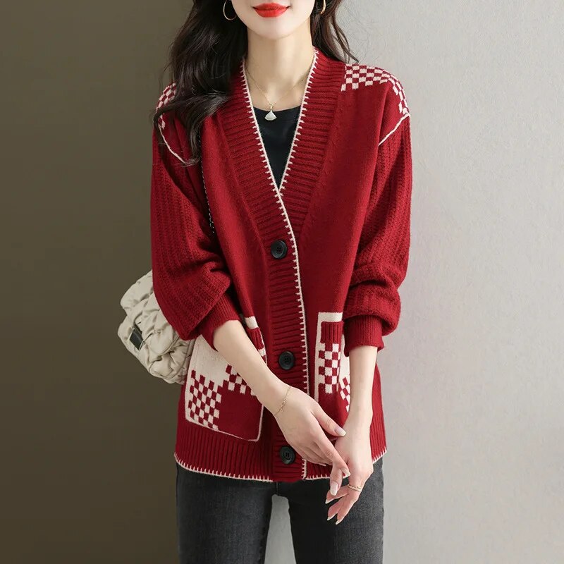 2023 Niche Print Casual Joker Long Sweater Knit Cardigan with Pocktets