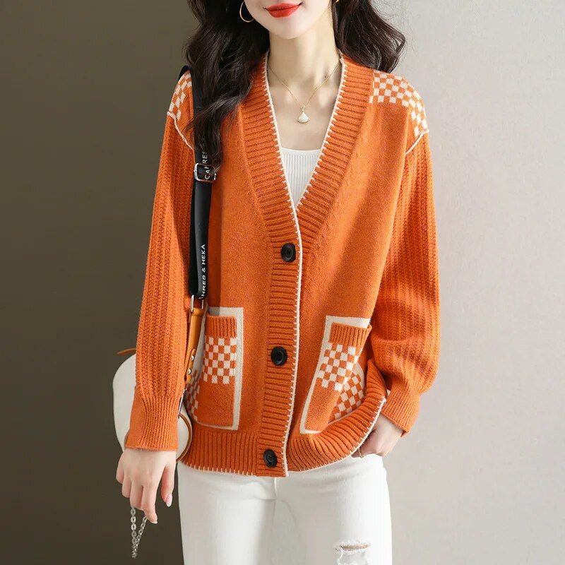 2023 Niche Print Casual Joker Long Sweater Knit Cardigan with Pocktets