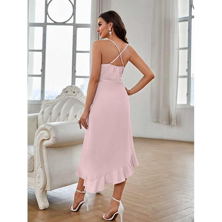2023 Sexy Spaghetti Straps Backless Ruffled Solid Color High Low Dress