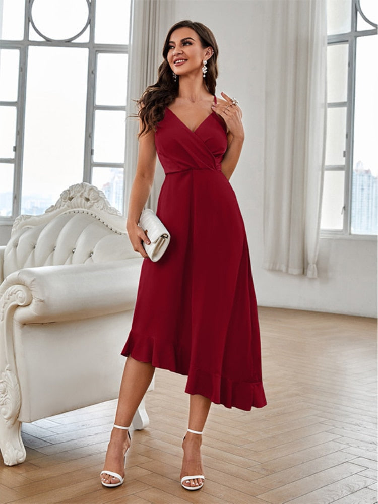 2023 Sexy Spaghetti Straps Backless Ruffled Solid Color High Low Dress