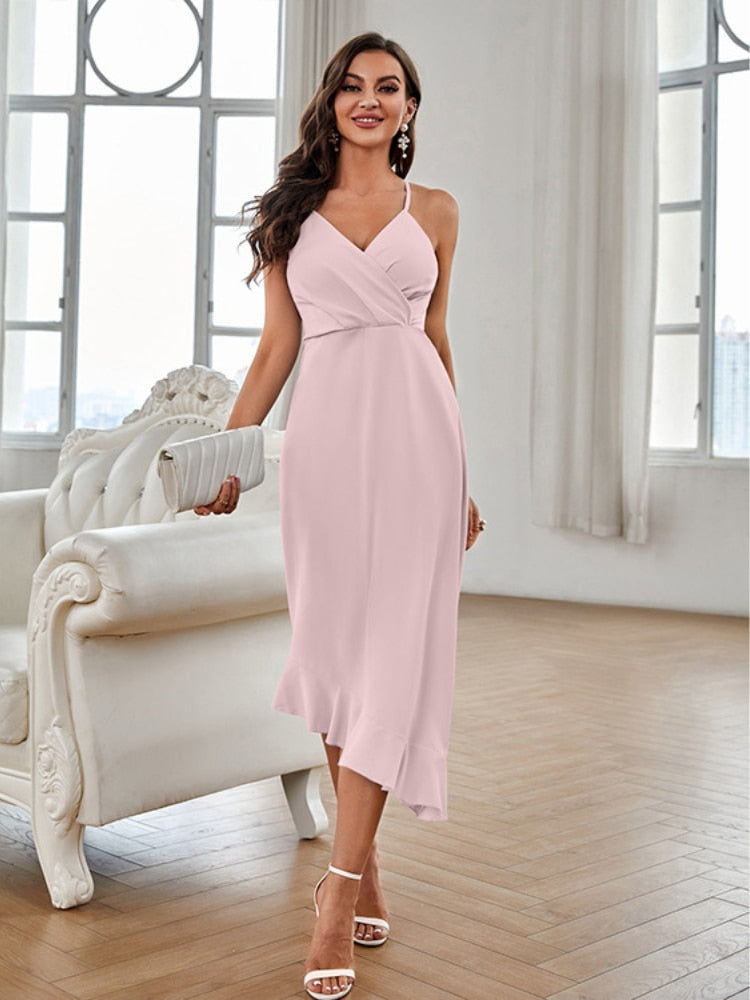 2023 Sexy Spaghetti Straps Backless Ruffled Solid Color High Low Dress
