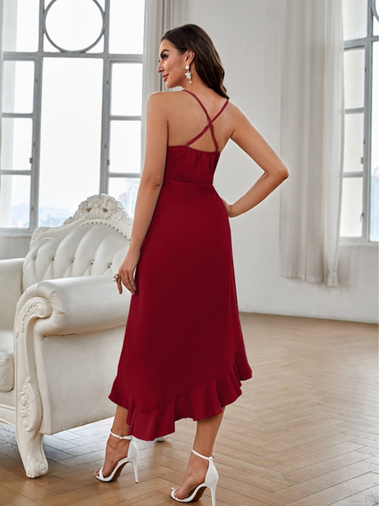 2023 Sexy Spaghetti Straps Backless Ruffled Solid Color High Low Dress