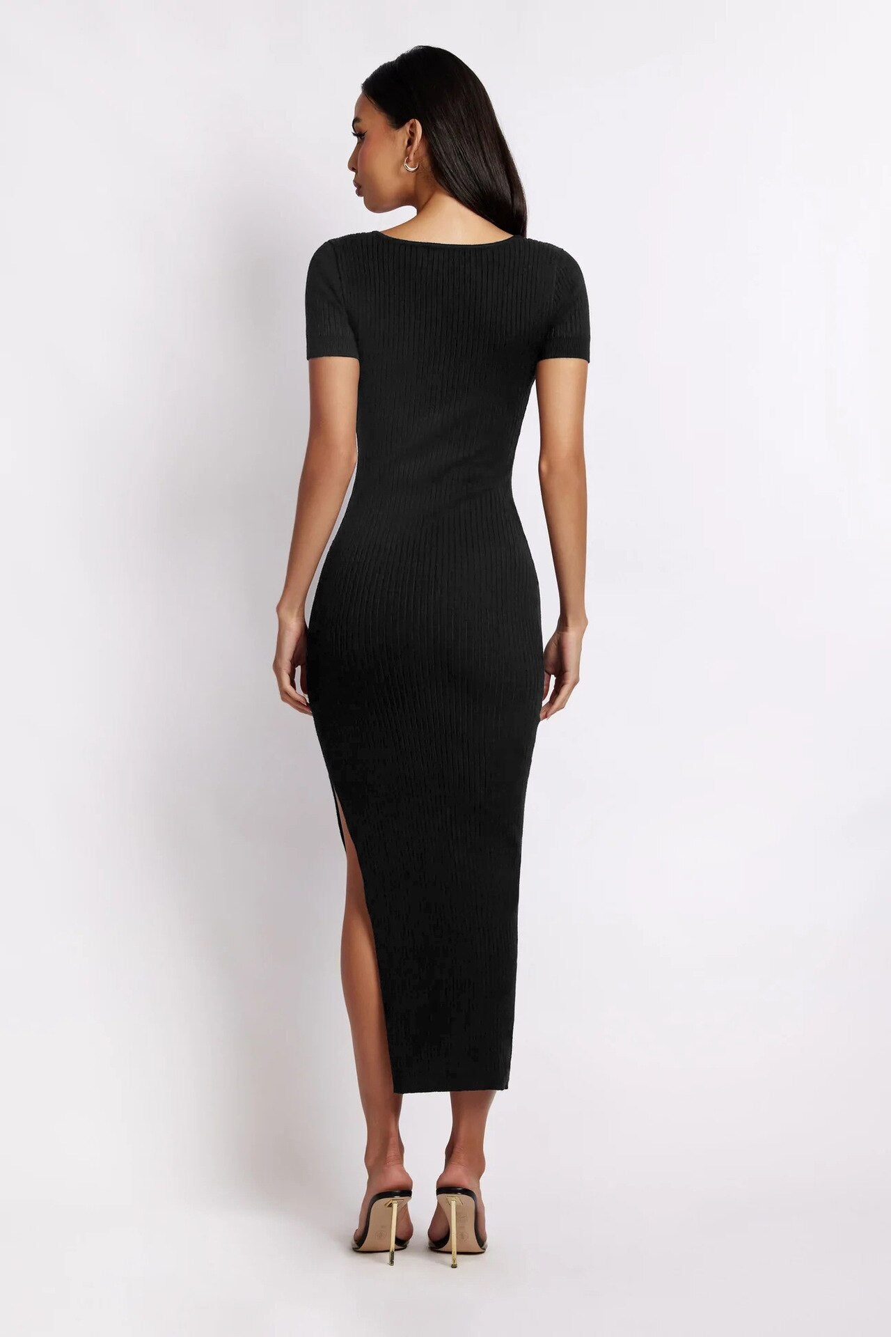 2023 Sexy Women's Short Sleeves V-neck High Split Tee Length Knit Dress