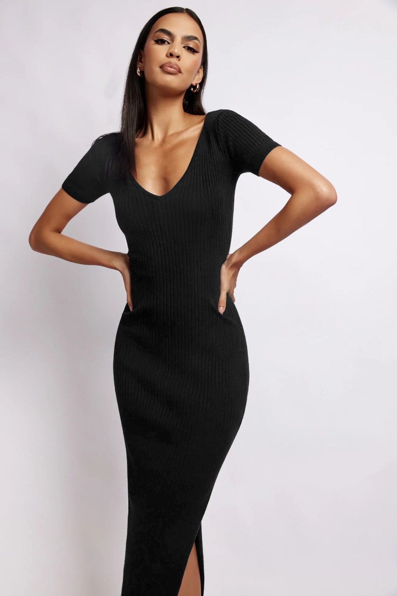 2023 Sexy Women's Short Sleeves V-neck High Split Tee Length Knit Dress