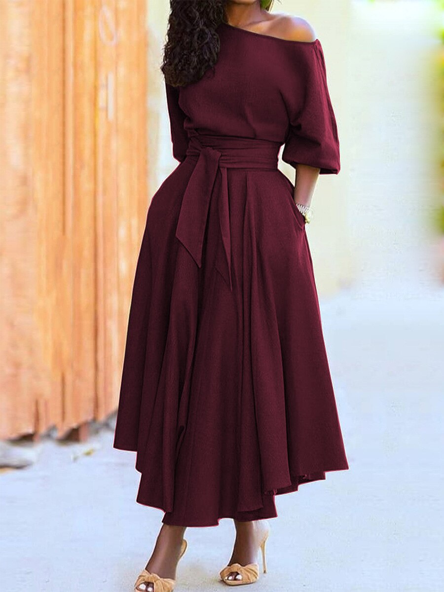 2023 Slanted Shoulder Collar Tie Up Waist Solid Color Tee Length Dress