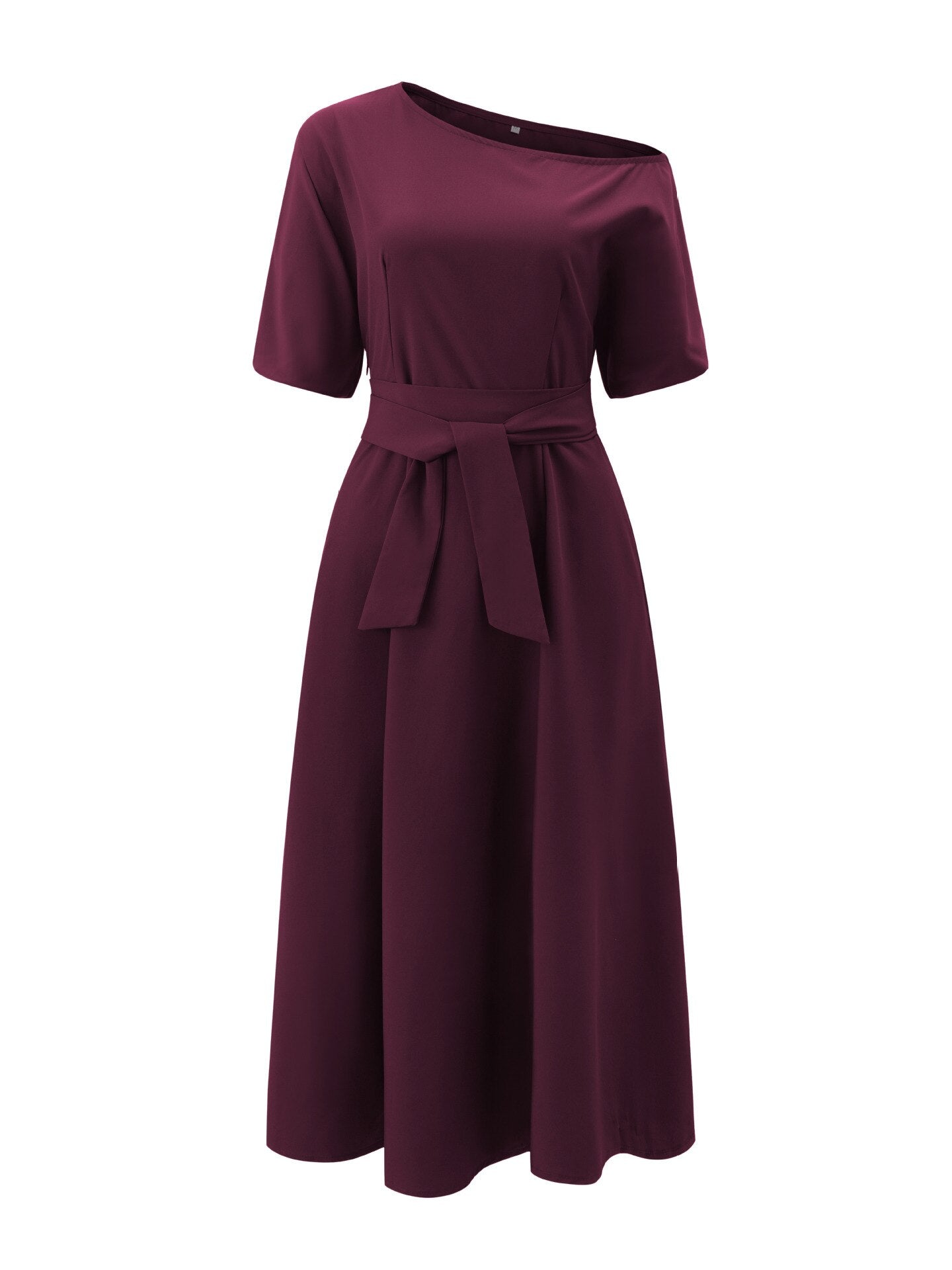 2023 Slanted Shoulder Collar Tie Up Waist Solid Color Tee Length Dress