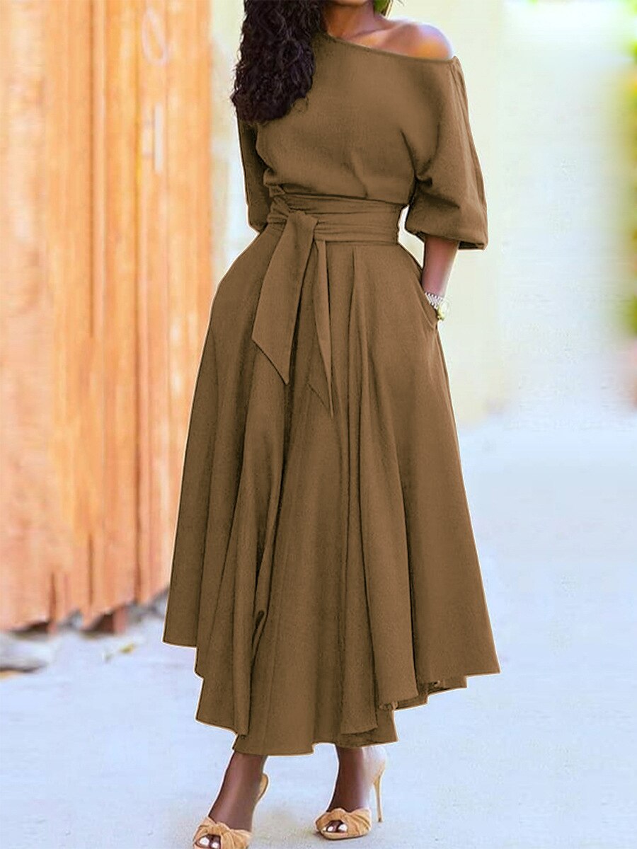 2023 Slanted Shoulder Collar Tie Up Waist Solid Color Tee Length Dress