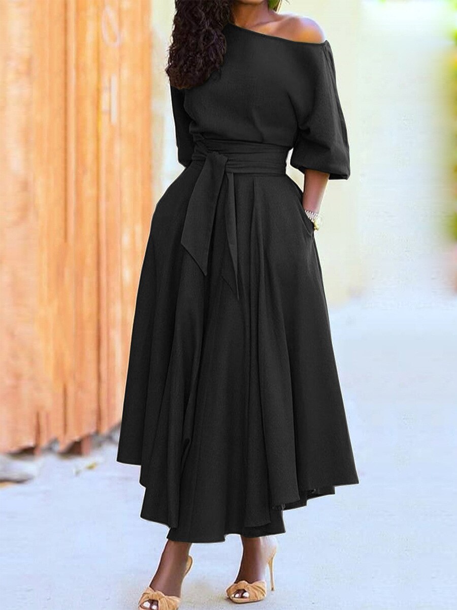 2023 Slanted Shoulder Collar Tie Up Waist Solid Color Tee Length Dress