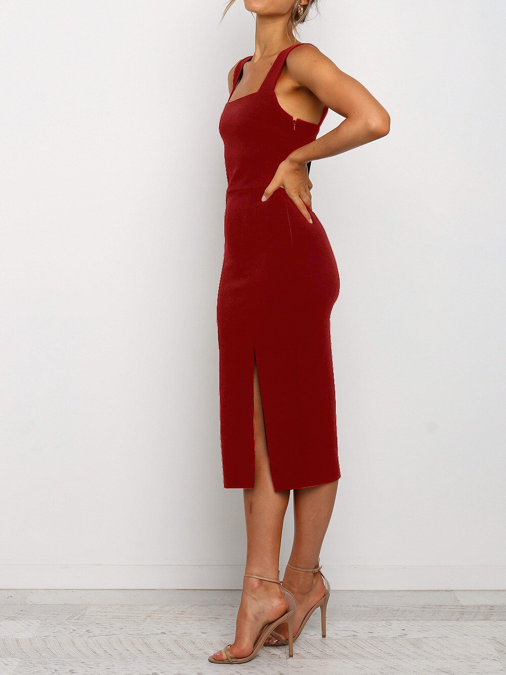 2023 Square Neck Solid Color High Split Tee Length Party dress