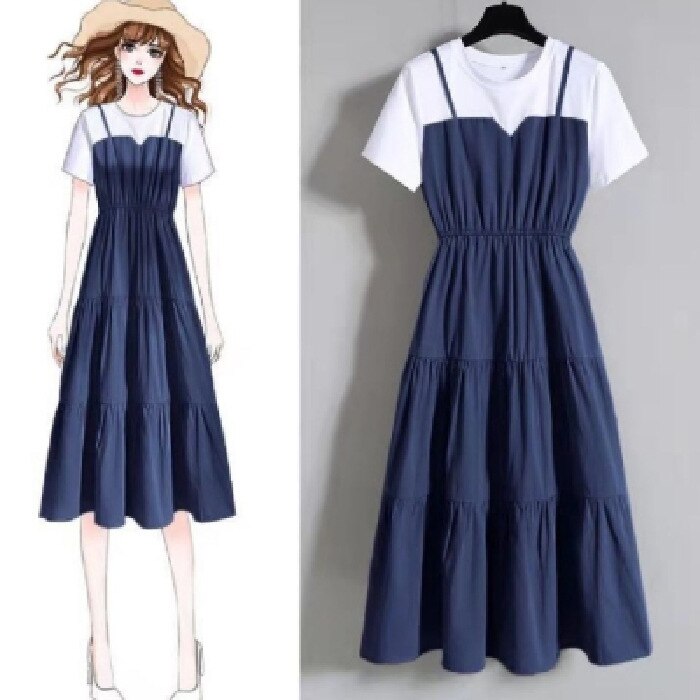 2023 Summer Fake Two-piece Color Block Long Skirt Slim Short-sleeved Dress