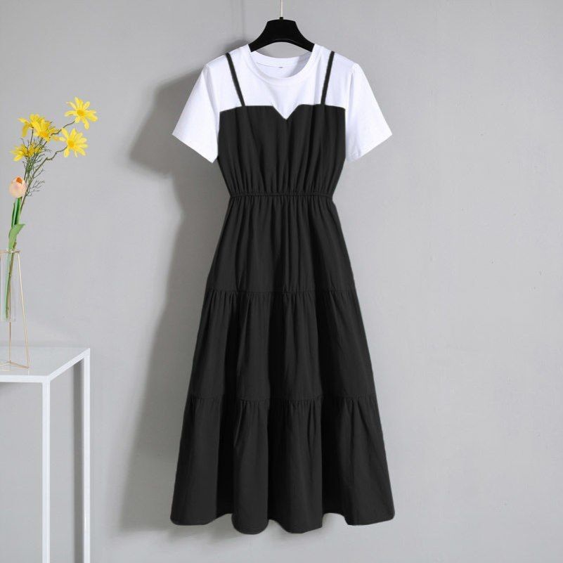 2023 Summer Fake Two-piece Color Block Long Skirt Slim Short-sleeved Dress