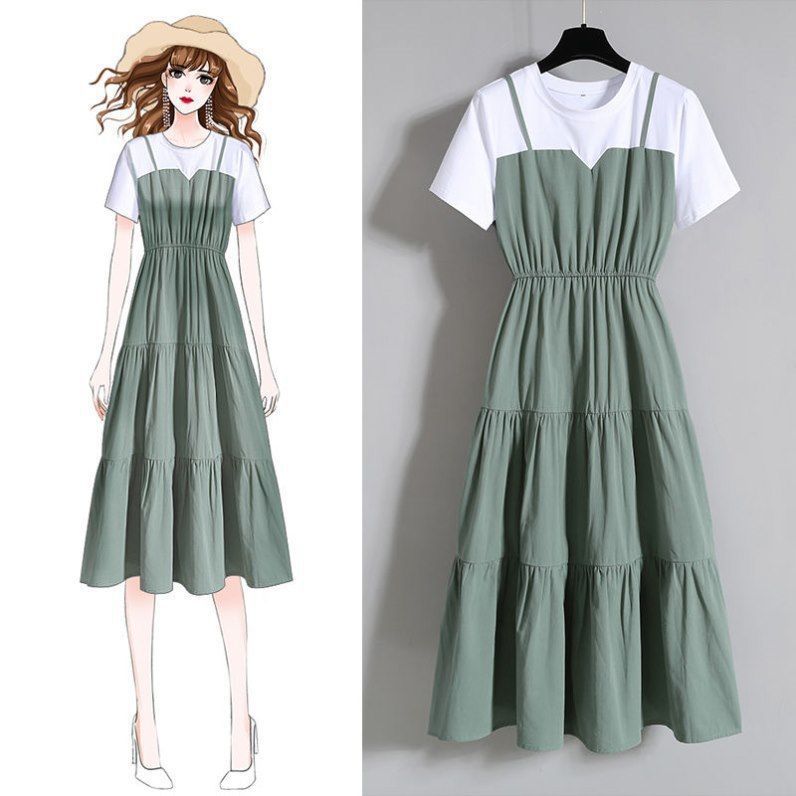 2023 Summer Fake Two-piece Color Block Long Skirt Slim Short-sleeved Dress