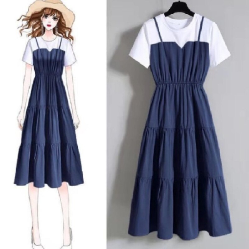 2023 Summer Fake Two-piece Color Block Long Skirt Slim Short-sleeved Dress