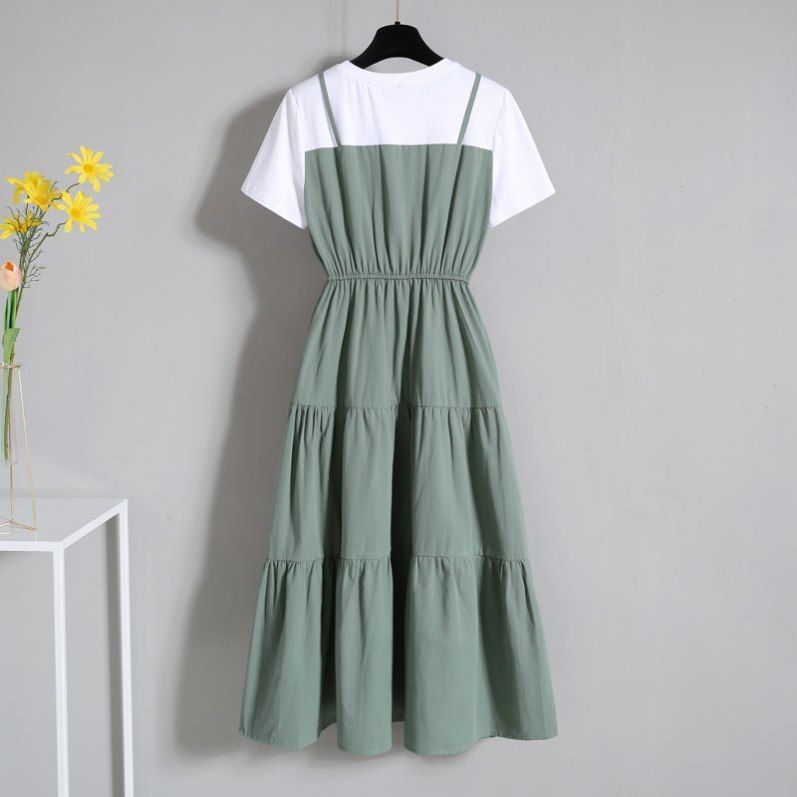 2023 Summer Fake Two-piece Color Block Long Skirt Slim Short-sleeved Dress