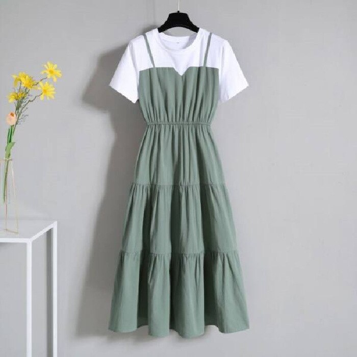 2023 Summer Fake Two-piece Color Block Long Skirt Slim Short-sleeved Dress