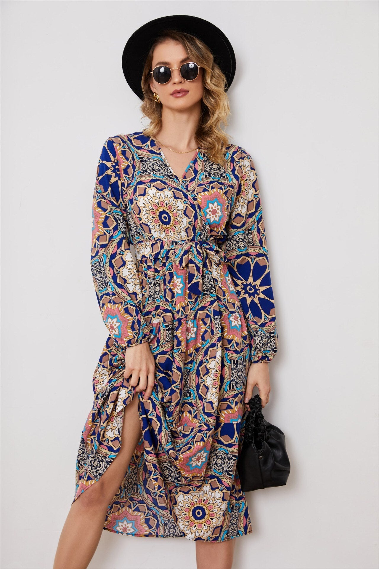 2023 V-neck Big Flowers Print Long-sleeved Tee-length Dress