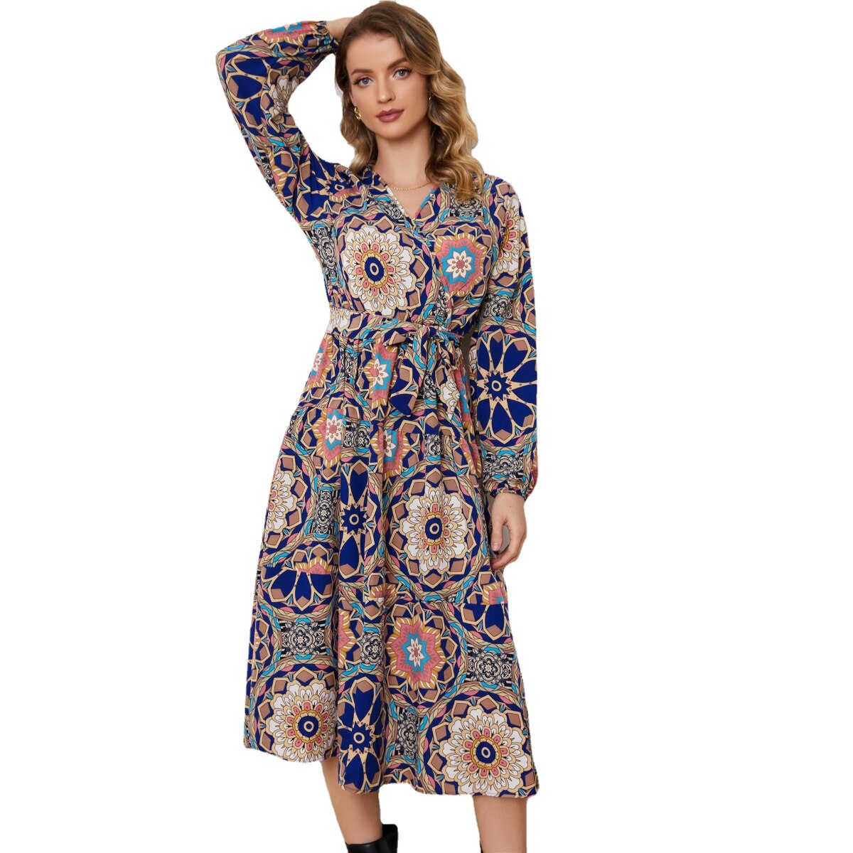 2023 V-neck Big Flowers Print Long-sleeved Tee-length Dress