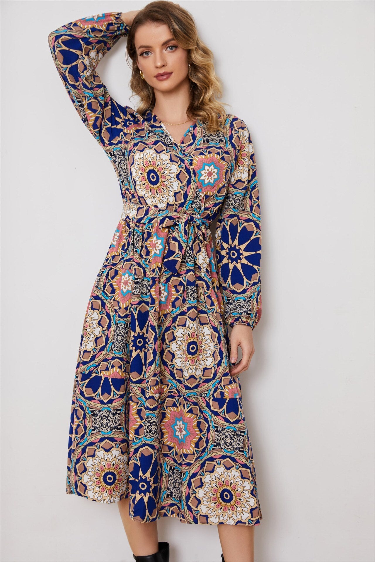 2023 V-neck Big Flowers Print Long-sleeved Tee-length Dress