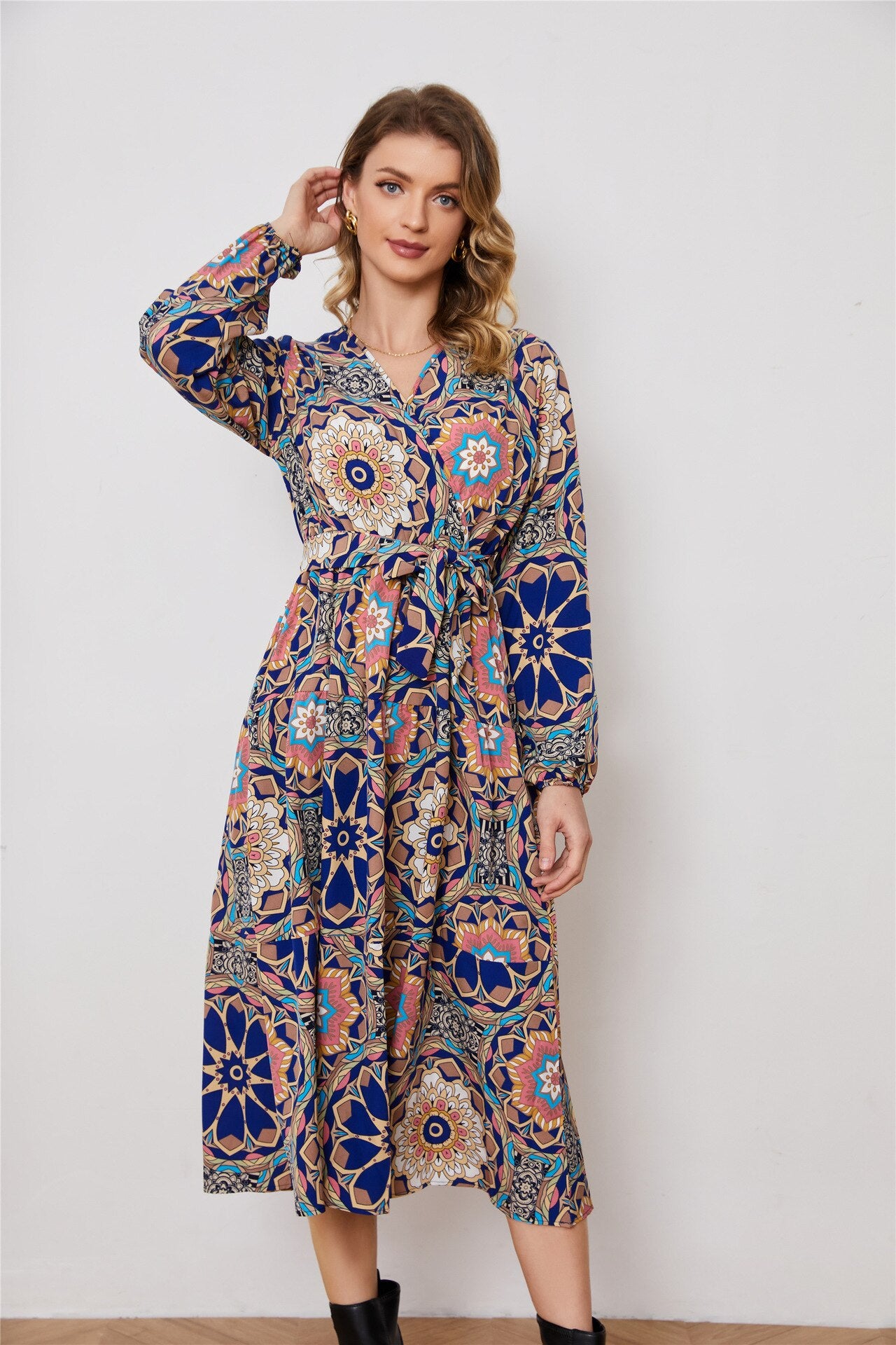 2023 V-neck Big Flowers Print Long-sleeved Tee-length Dress