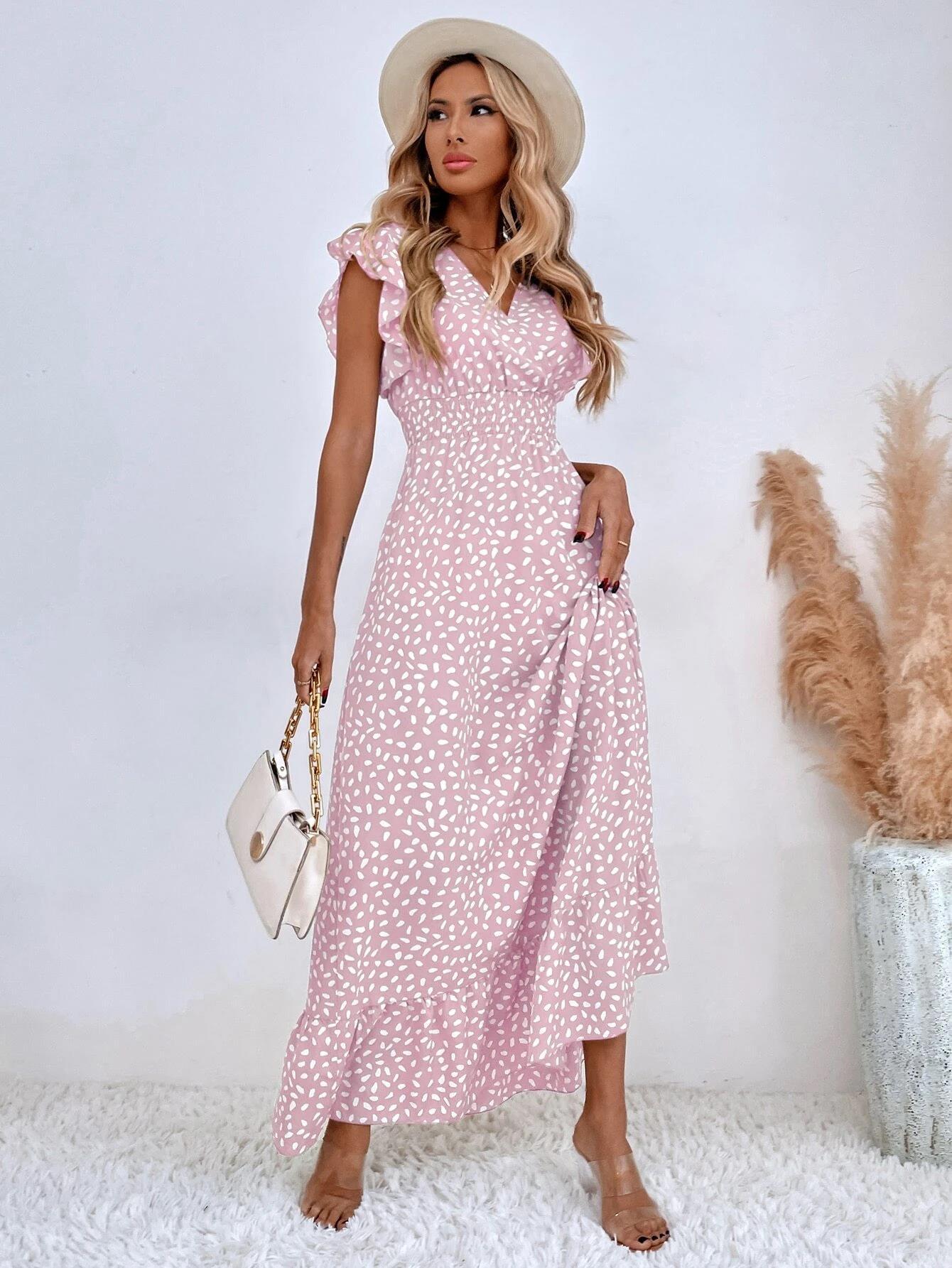 2023 V-neck Ruffled Print Casual Ankel-length Dress