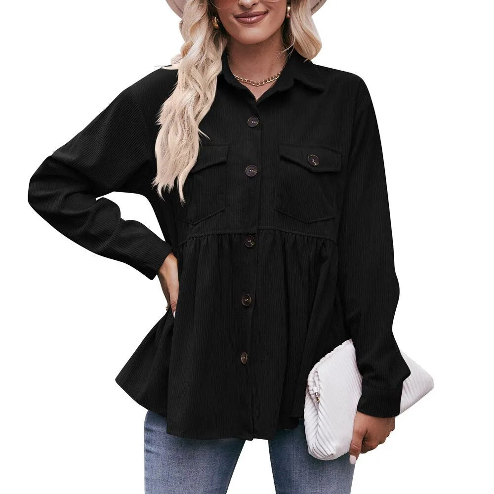 2023 Women's Autumn Winter Casual Doll Babydoll Corduroy Shirt