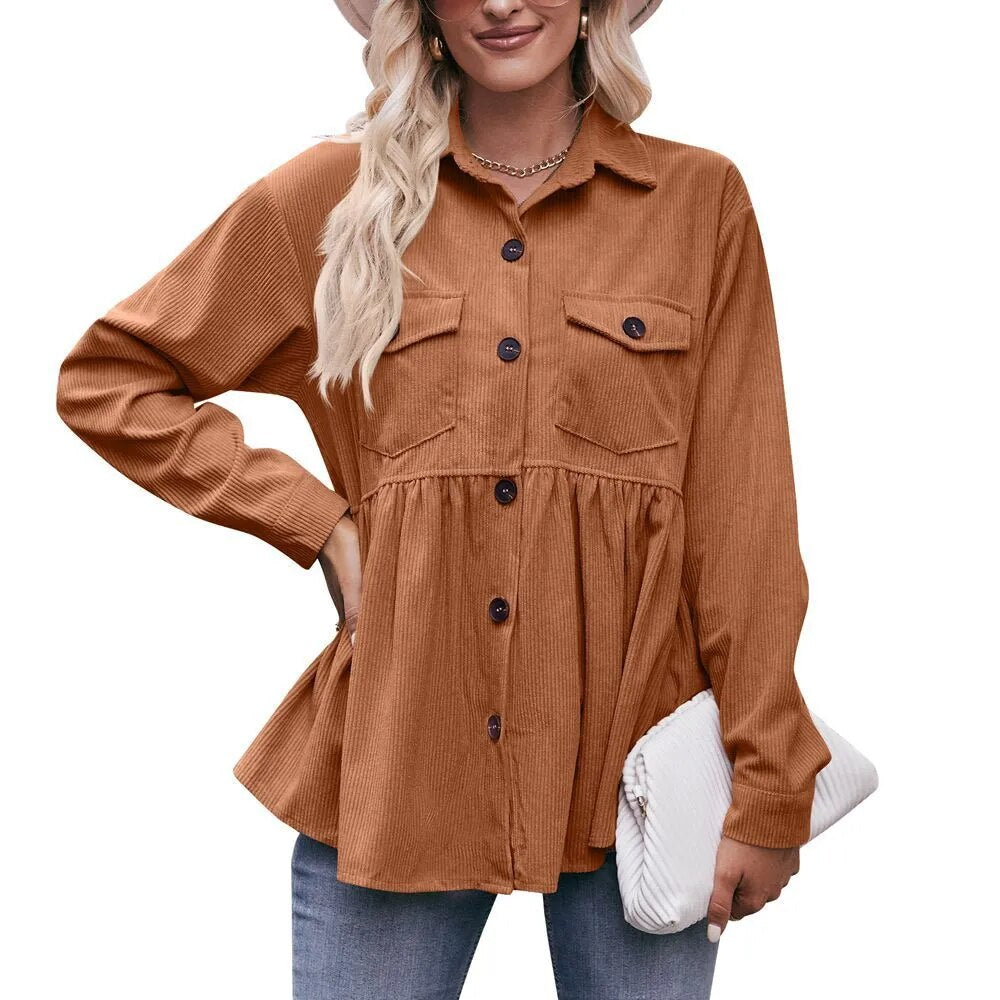 2023 Women's Autumn Winter Casual Doll Babydoll Corduroy Shirt