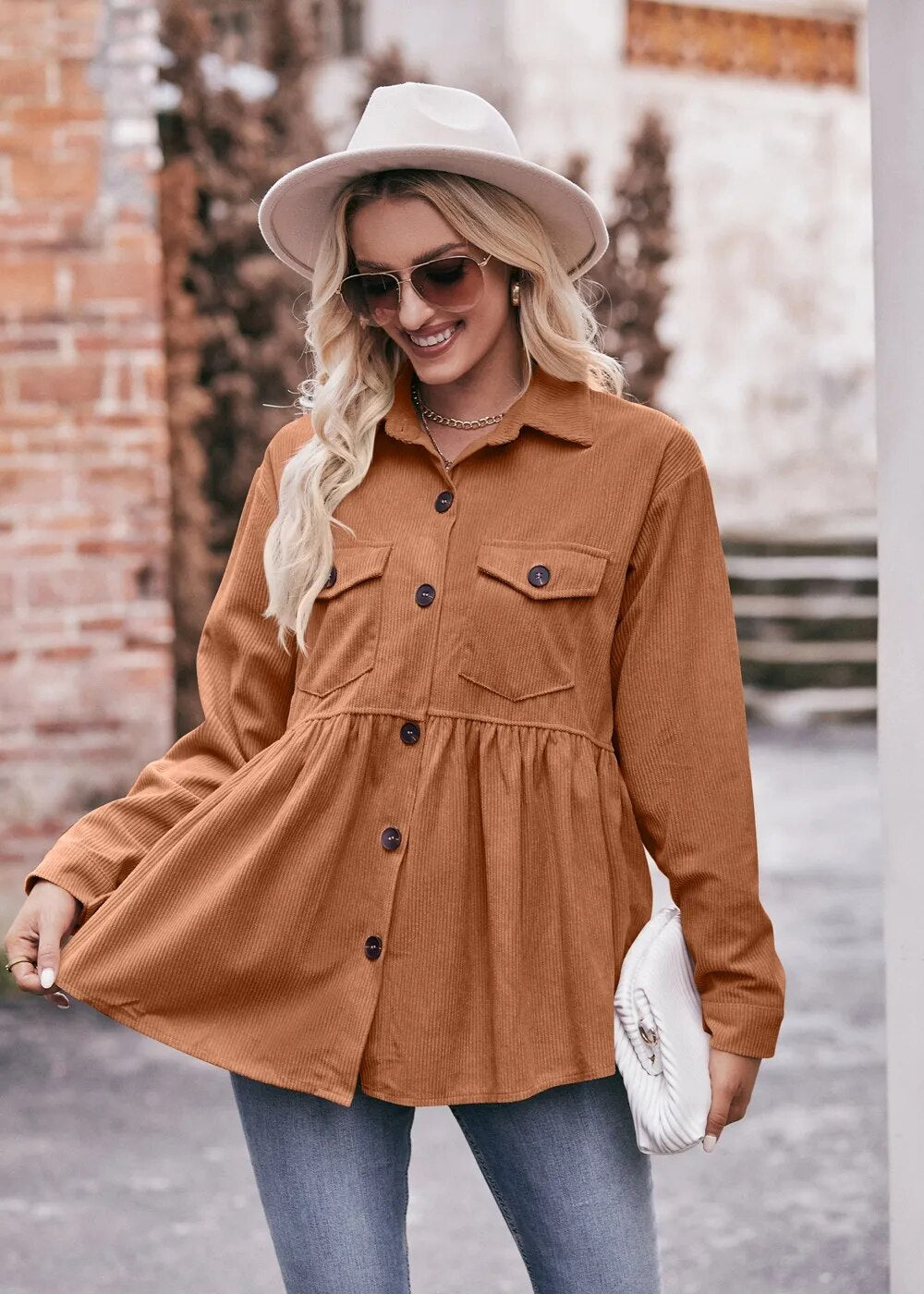 2023 Women's Autumn Winter Casual Doll Babydoll Corduroy Shirt