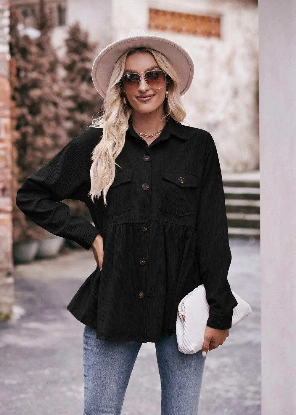2023 Women's Autumn Winter Casual Doll Babydoll Corduroy Shirt