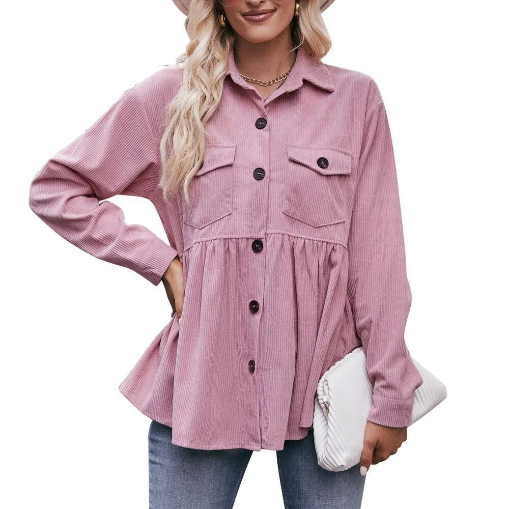 2023 Women's Autumn Winter Casual Doll Babydoll Corduroy Shirt