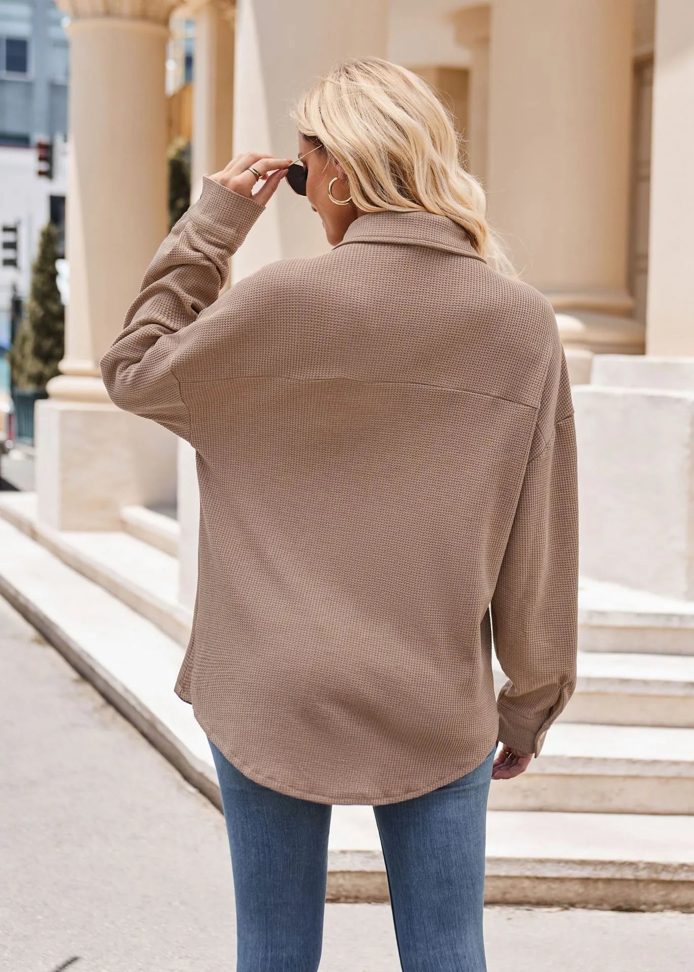 2023 Women's Autumn and Winter Casual Loose Pocket Waffle Fashion Shirt