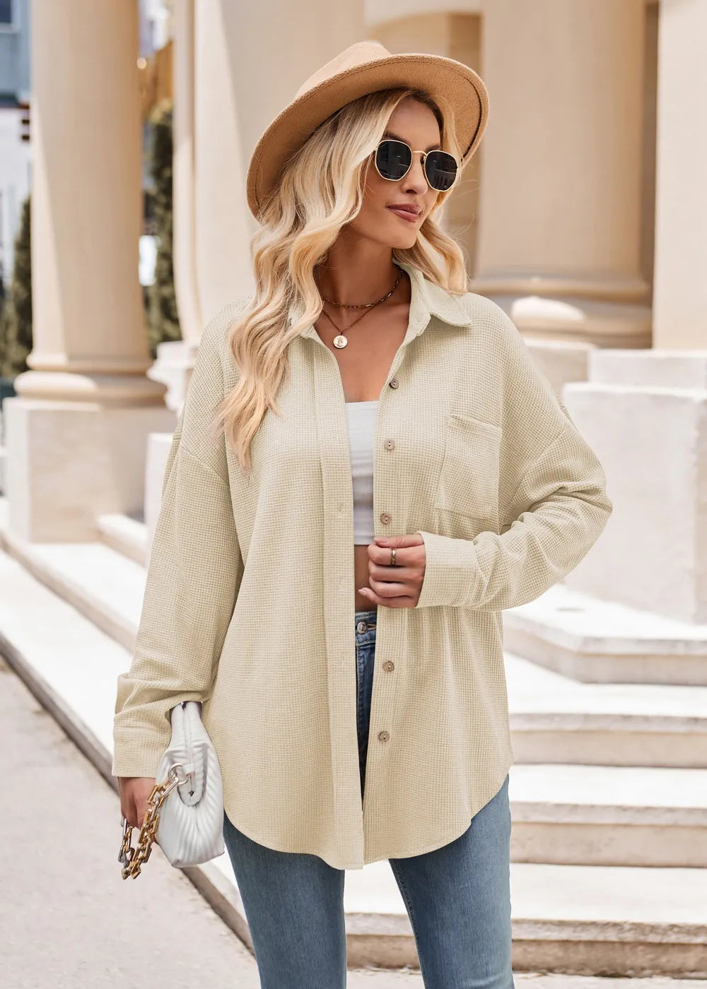 2023 Women's Autumn and Winter Casual Loose Pocket Waffle Fashion Shirt