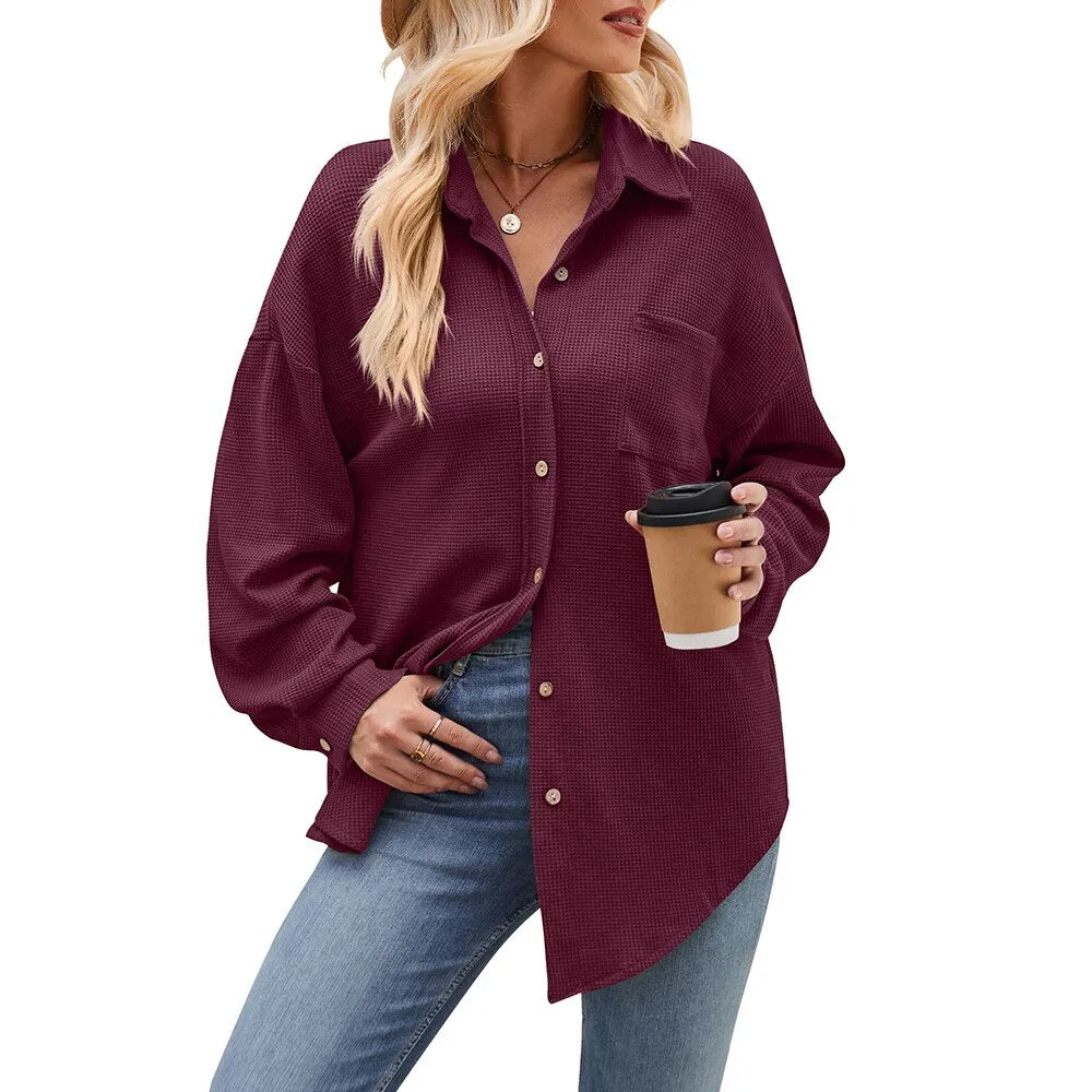 2023 Women's Autumn and Winter Casual Loose Pocket Waffle Fashion Shirt