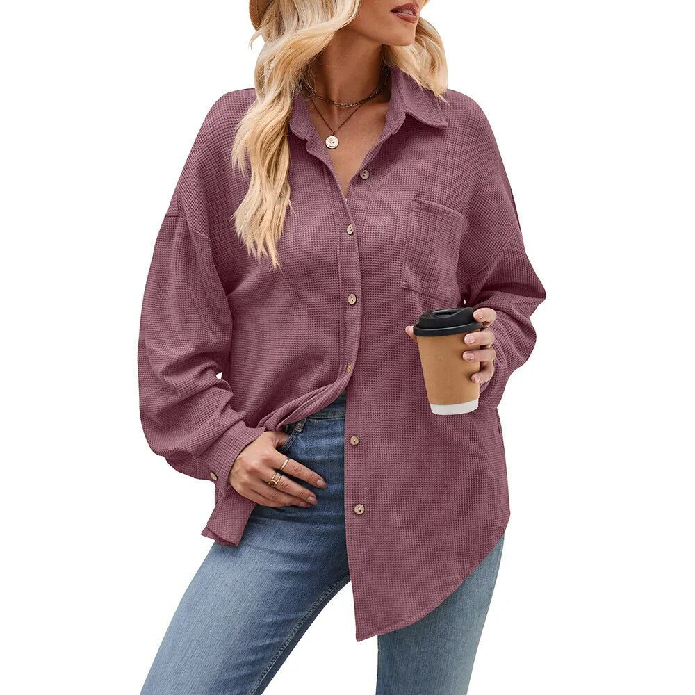 2023 Women's Autumn and Winter Casual Loose Pocket Waffle Fashion Shirt