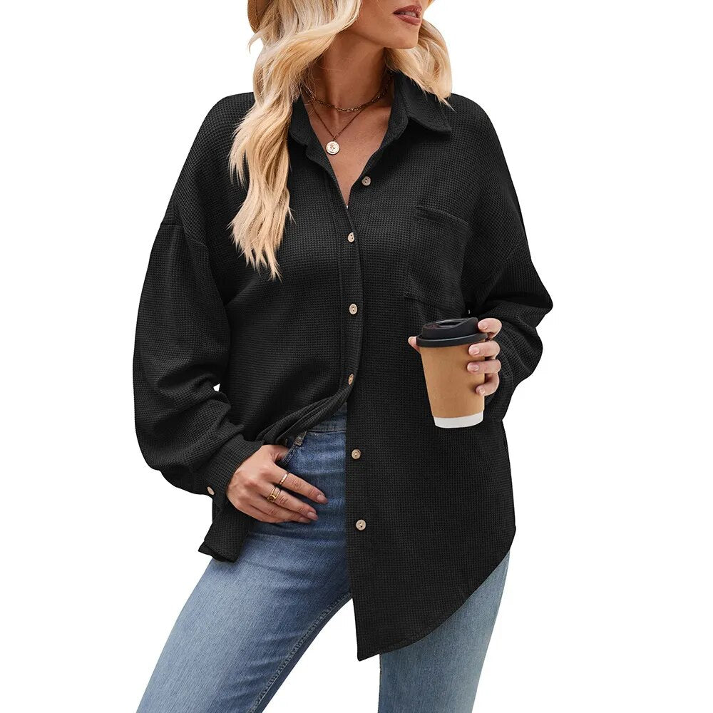 2023 Women's Autumn and Winter Casual Loose Pocket Waffle Fashion Shirt