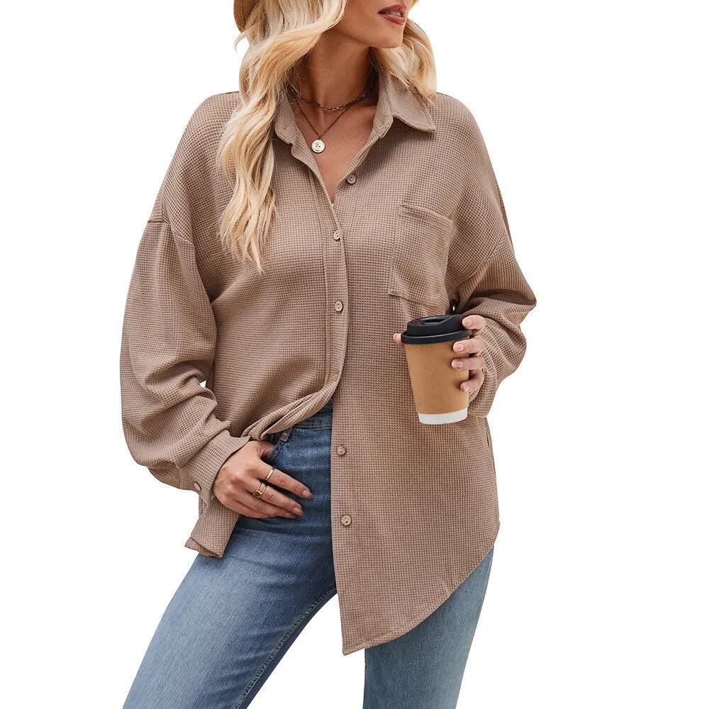 2023 Women's Autumn and Winter Casual Loose Pocket Waffle Fashion Shirt