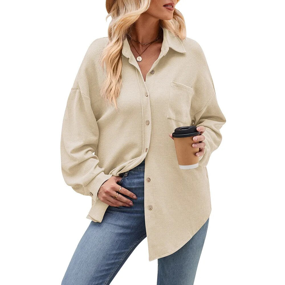 2023 Women's Autumn and Winter Casual Loose Pocket Waffle Fashion Shirt